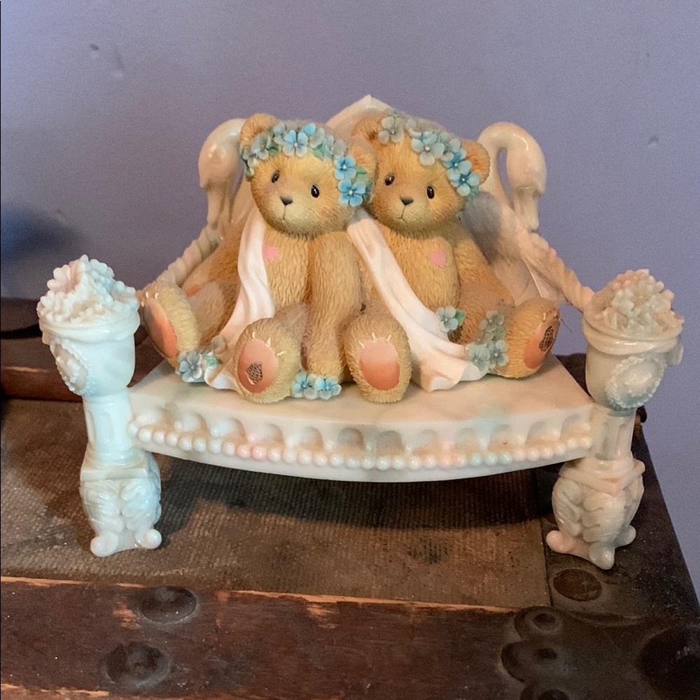 Charming Bear Figurine with Swan Accents on chair 2 pieces